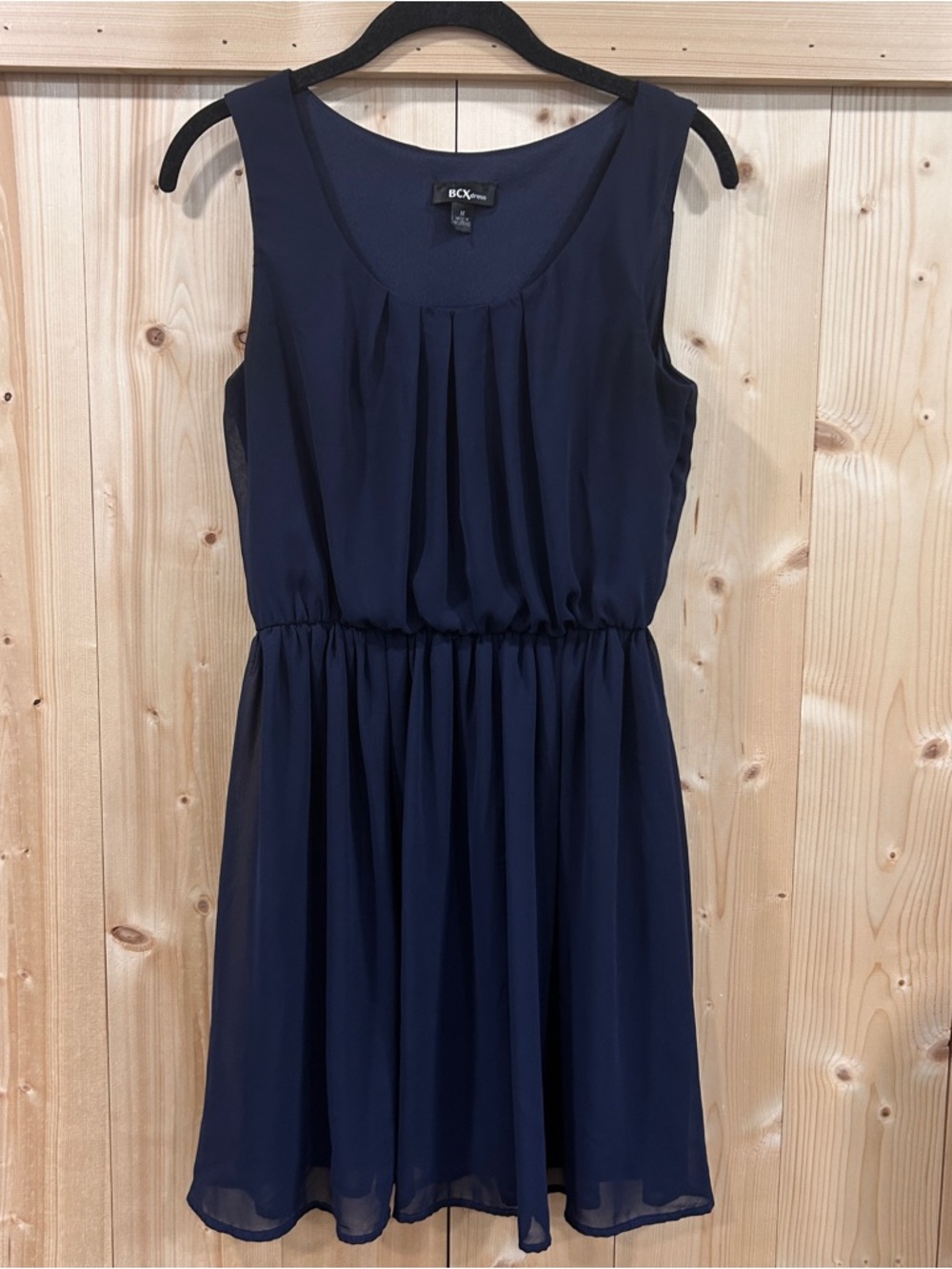 BCX Navy Blue Pleated Blouson Dress Sleeveless Chiffon Mini, Coastal Preppy, Med